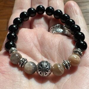 Peach Moonstone & Black Obsidian Crystal Gemstone Stretch Bracelet